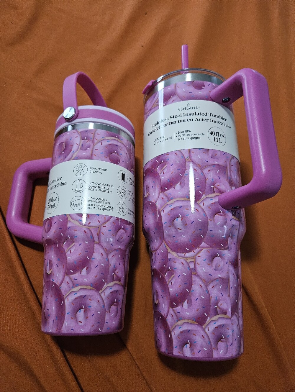 2 NWT Ashland Pink Donut Stainless Steel Insulated Tumblers with Handle